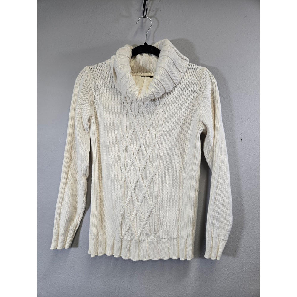 Eddie Bauer Cable Knit Cowl Neck Sweater Cream Cotton Blend Small
